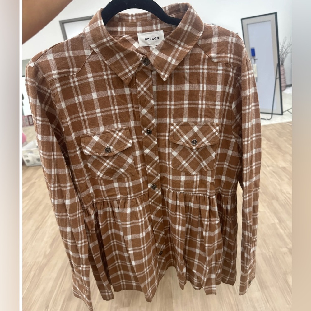 NWT Plaid Button Down Babydoll Top in Cider Size S